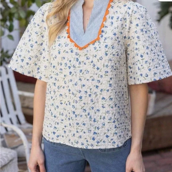 Voy floral Print Women's Top with Orange trim large - Picture 4 of 4
